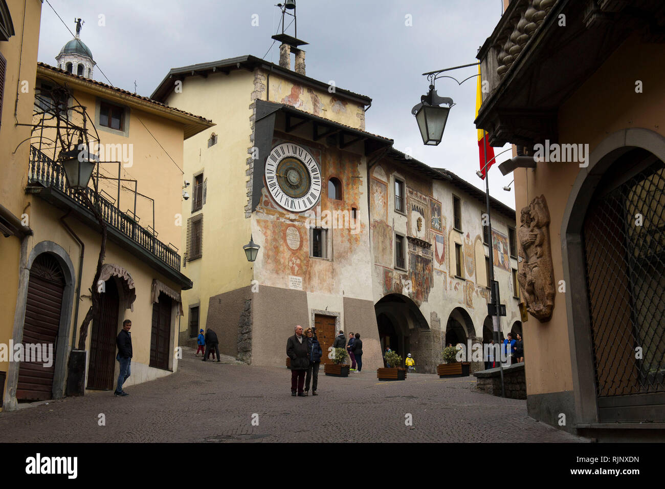 Clusone's Orologio Planetario, or Astronomic clock, set into the facade of the town hall in 1583 by Pietro Fanzago Stock Photo