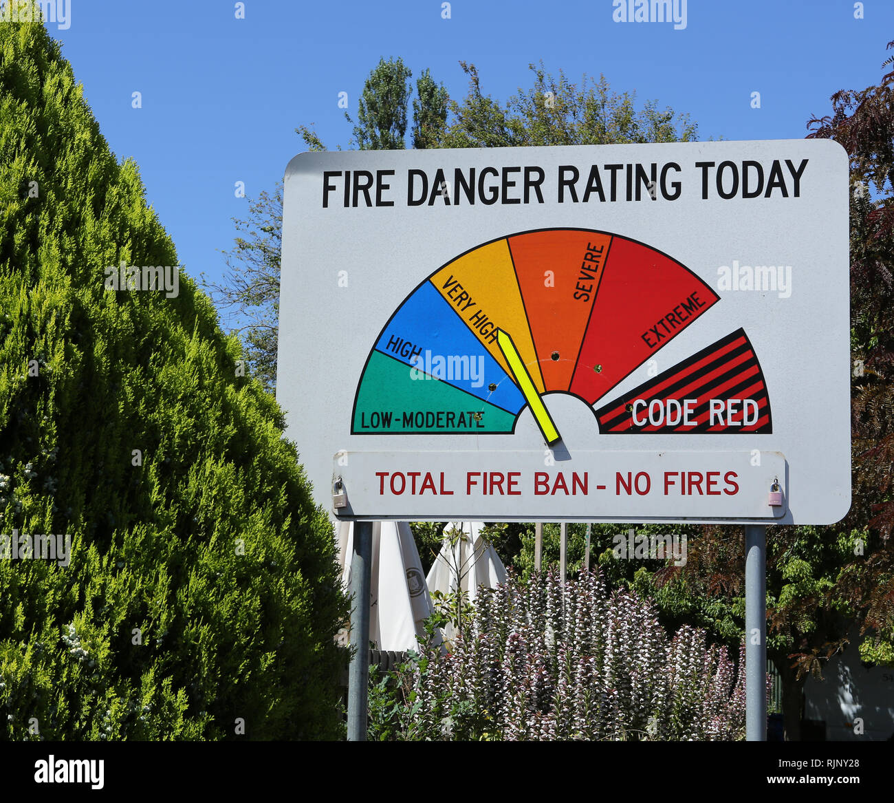 Fire Danger Rating Signs are updated daily throughout the Australian State of Victoria during the Bush Fire Season in the hot summer. Stock Photo