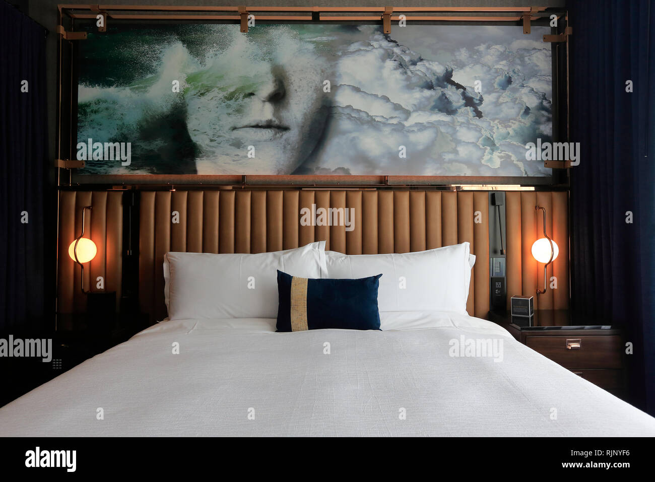 The guest room in Hotel EMC2 Autograph Collection in Chicago Streeterville neighborhood. Illinois.USA Stock Photo