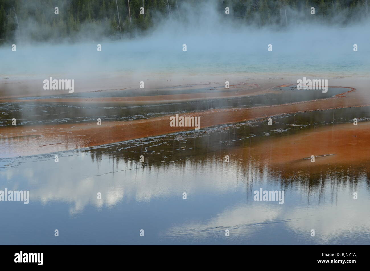 Mineral deposition and algal mats in a hot spring, with green hill in the background, at Yellowstone National Park Wyoming USA Stock Photo