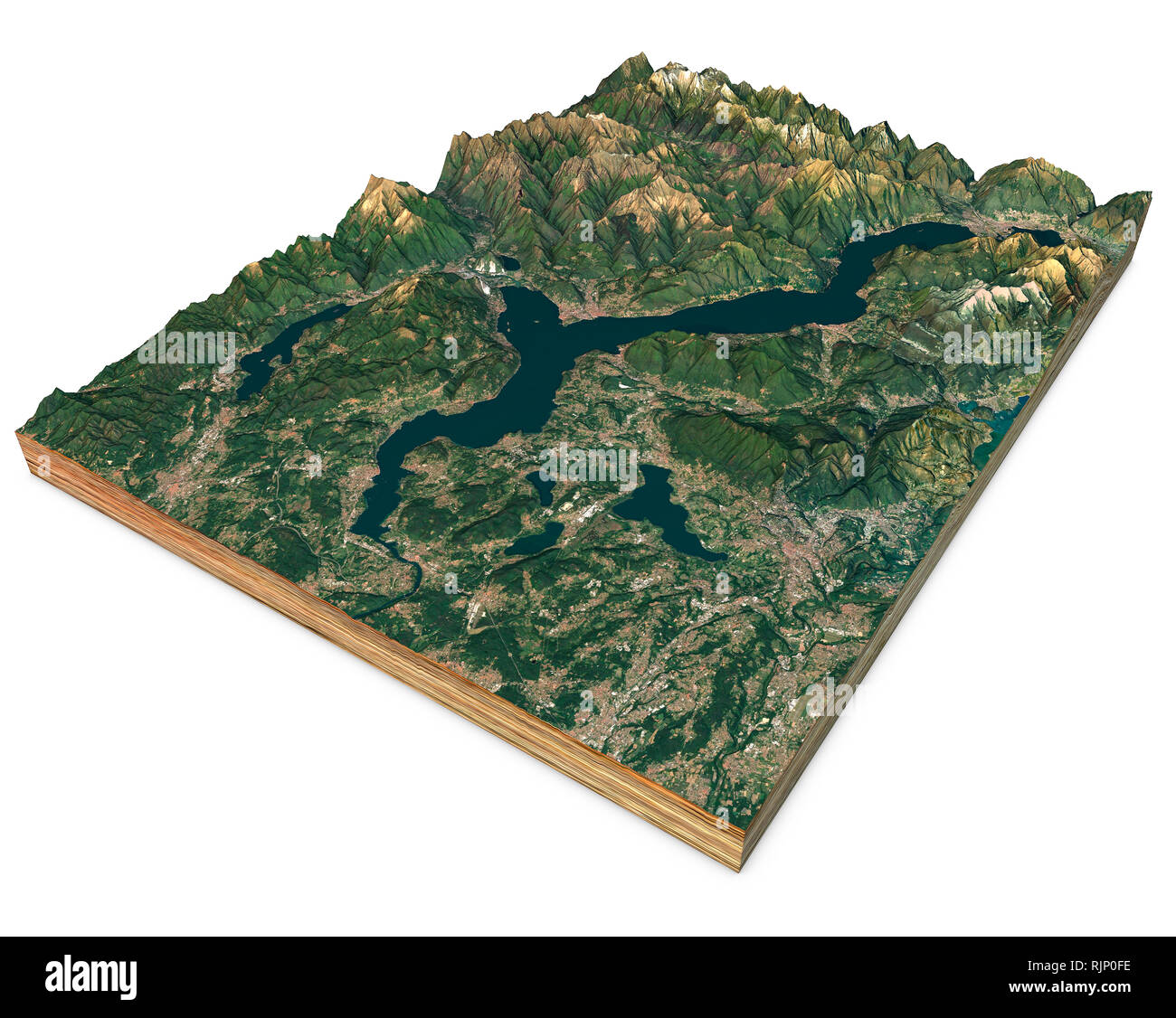 Satellite view of Lake Maggiore, map, mountains and reliefs, 3d section. 3d rendering. Lombardy, Piedmont. Italy. Stock Photo