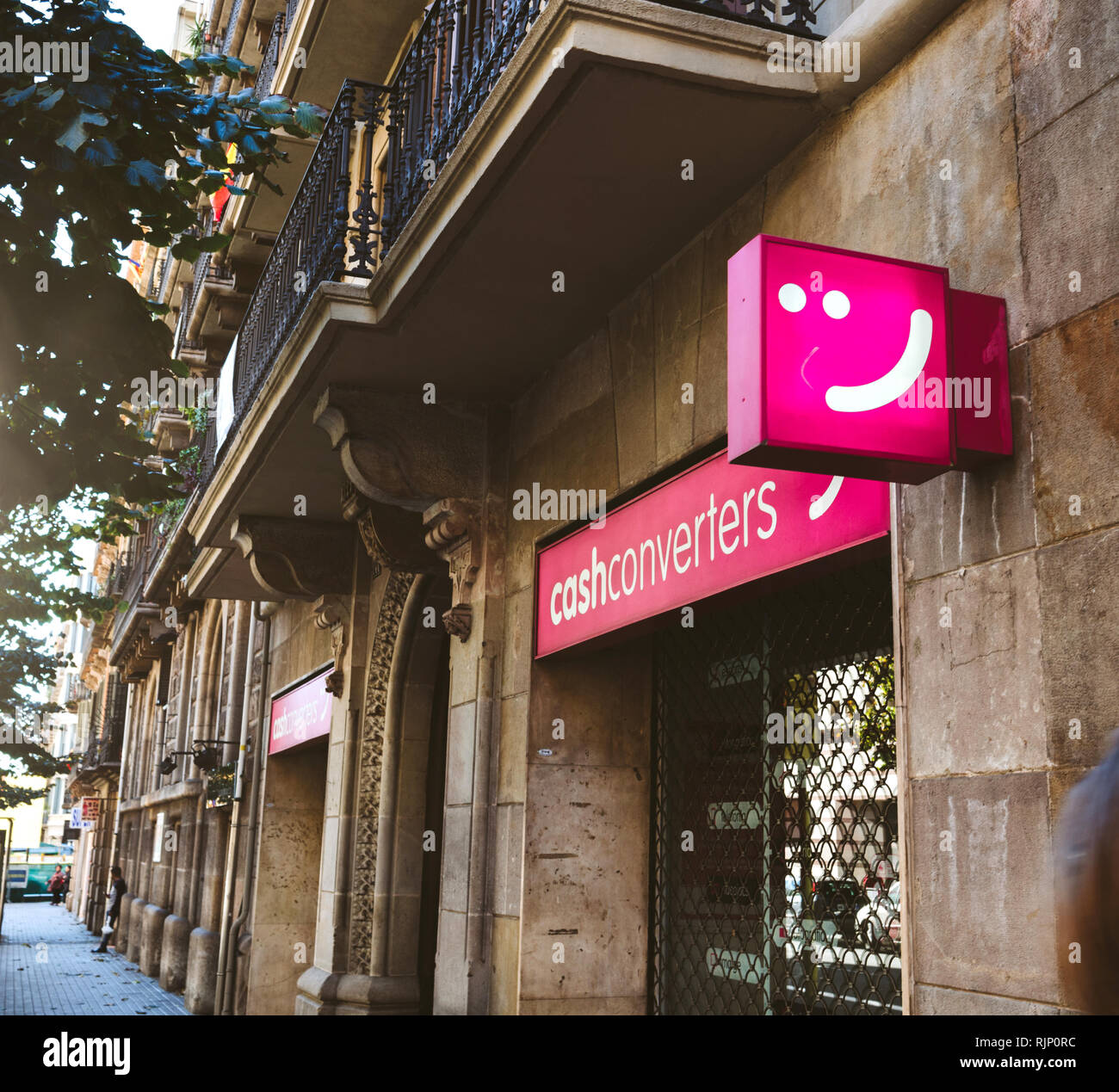 BARCELONA, SPAIN OCT 11, 2017 Exterior shot of pink sign with smile
