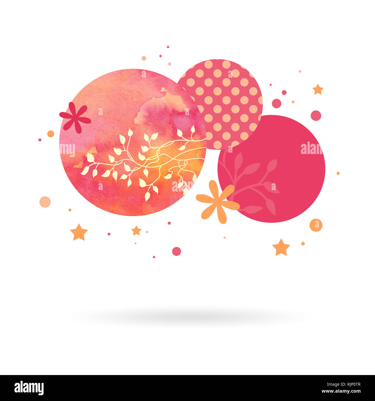 Abstract modern graphic design elements. Circle star shapes with polka dots and watercolor painted background texture are layered in pink and orange Stock Photo