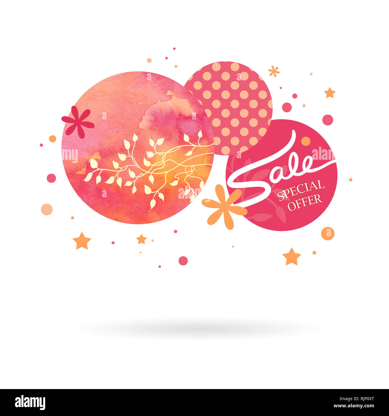 Abstract modern graphic design elements. Circle and star shapes with polka dot spots and watercolor painted background texture are layered in a pink a Stock Photo