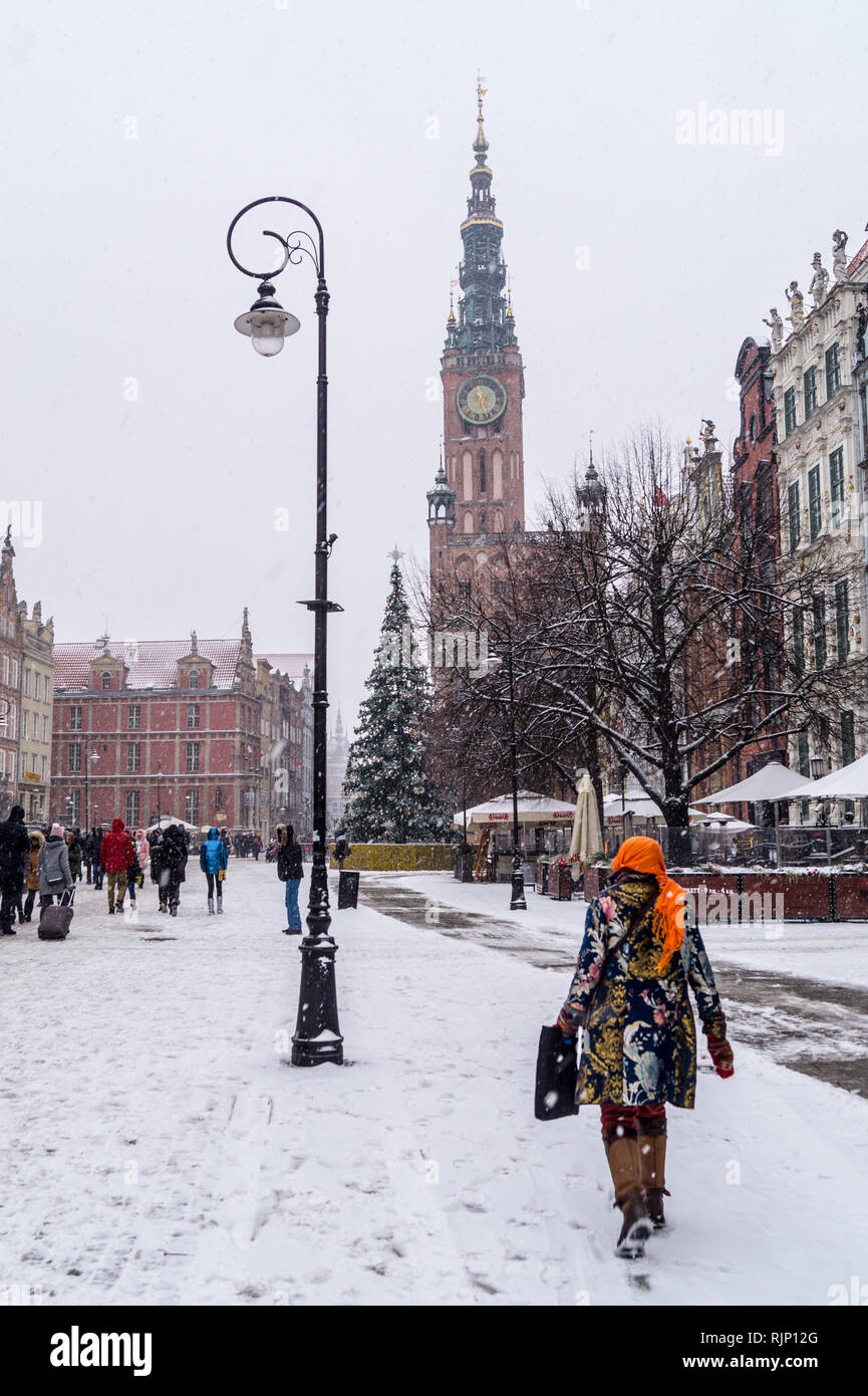 Ratusz, Main Town Hall, Renaissance style, 1556, in snowy weather, Długi Targ, Long Market, Gdańsk, Poland Stock Photo