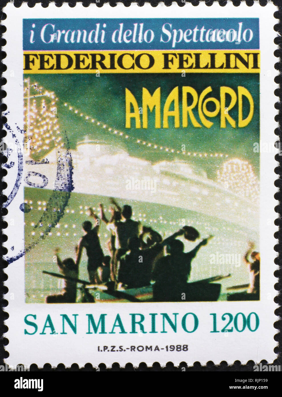 Poster of movie Amarcord by Fellini on postage stamp Stock Photo