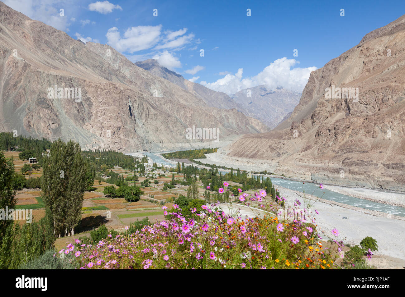 Turtuk village and Shyok River (view from area of Buddhist Gompa in direction of K2 in Pakistan), near Line of Contol, Nubra Valley, Ladakh, India Stock Photo