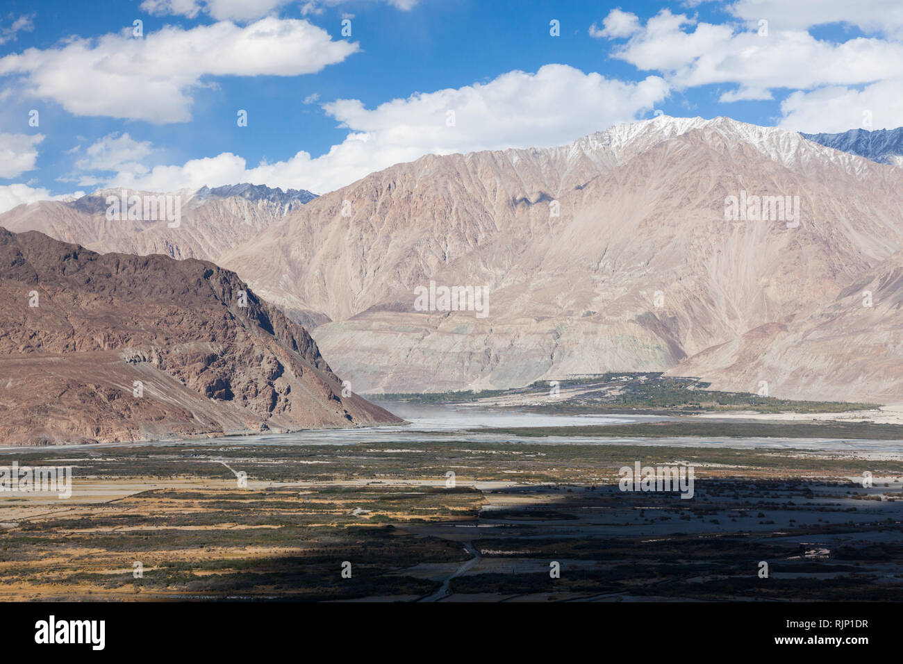 Landscape of Nubra Valley seen from Diskit Gompa (also known as Deskit Gompa), Ladakh, Jammu and Kashmir, India Stock Photo