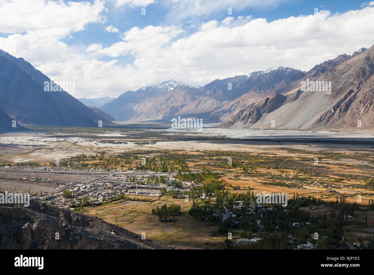Autumnal scenery of Nubra Valley (with visible Diskit village) seen from Diskit Gompa (also known as Deskit Gompa), Ladakh, Jammu and Kashmir, India Stock Photo