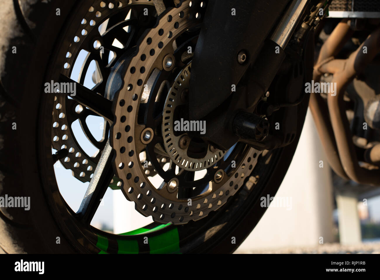 Detail Motorcycle wheel and Disc Brake ABS brakes part of the