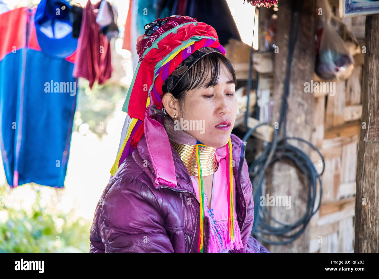 Mae Hong Son, Thailand - 7th February 2019: Karen long necked woman. The first brass ring is added at the age of 5, Stock Photo