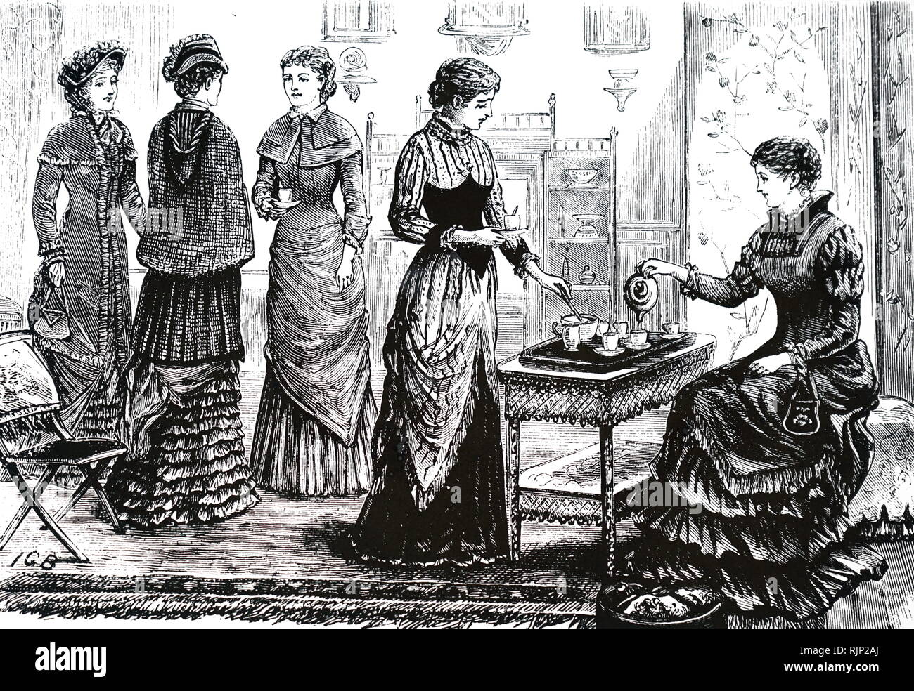 An engraving depicting an afternoon tea. Dated 19th century Stock Photo