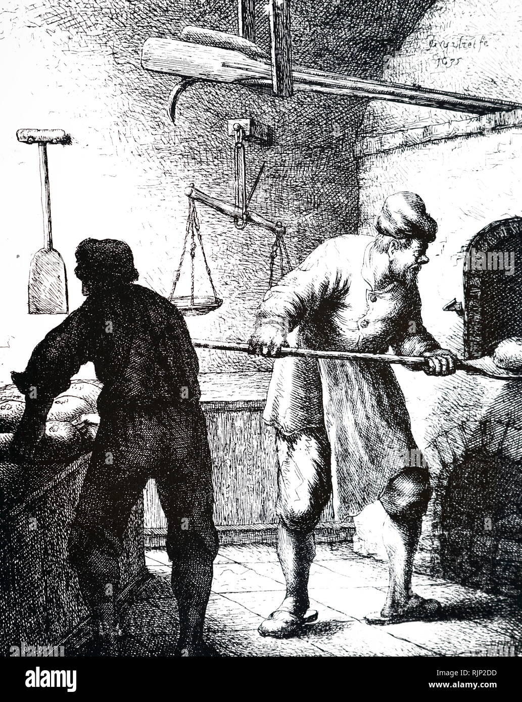 An etching depicting a baker's shop. Dated 19th century Stock Photo