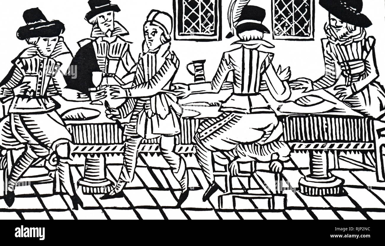 A woodcut engraving depicting a supper party. Dated 17th century Stock Photo