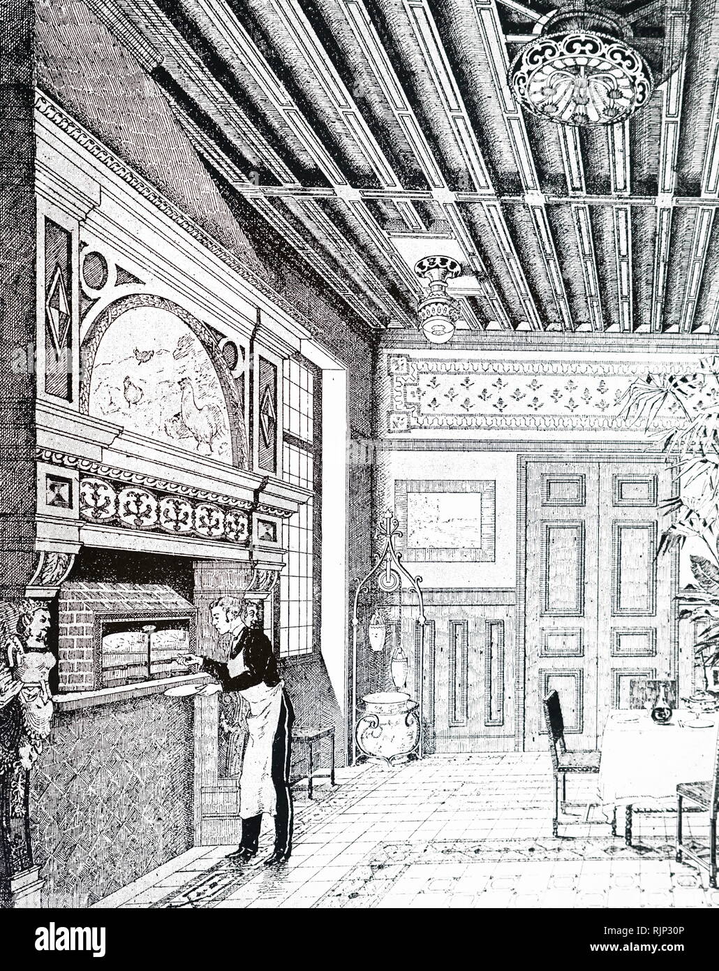 An engraving depicting the grill room in the Pavilion du Gaz at the Paris Expedition of 1889. Dated 19th century Stock Photo