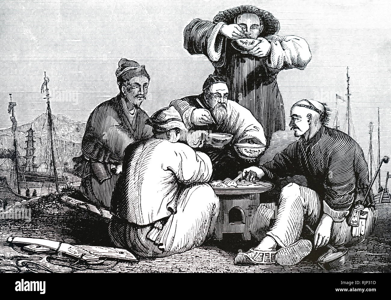 Engraving depicting Chinese porters cooking and eating around a portable stove. Dated 19th century Stock Photo
