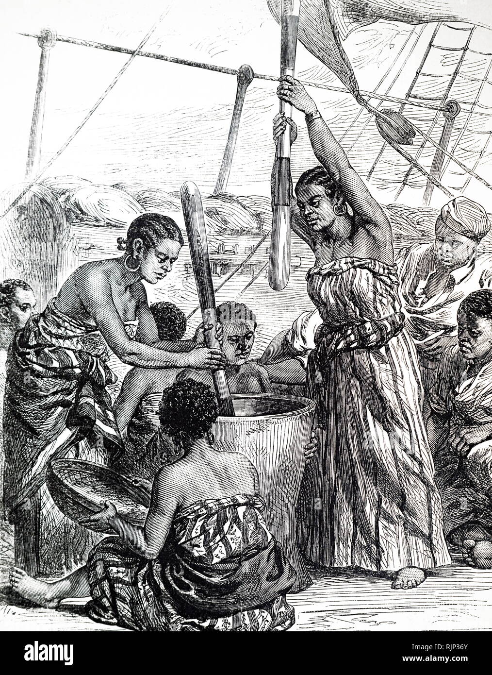 An engraving depicting East African women pounding millet on board the HMS Lynx after being freed from slavery. Dated 19th century Stock Photo
