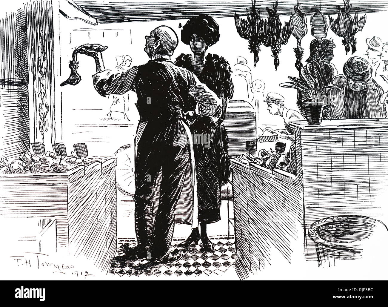 A cartoon depicting a wise woman shopping for poultry. Dated 20th century Stock Photo