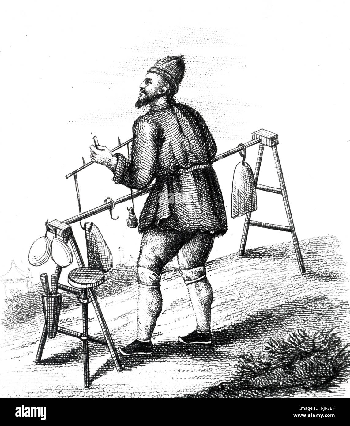An engraving depicting an itinerant Chinese pork butcher. Dated 19th century Stock Photo