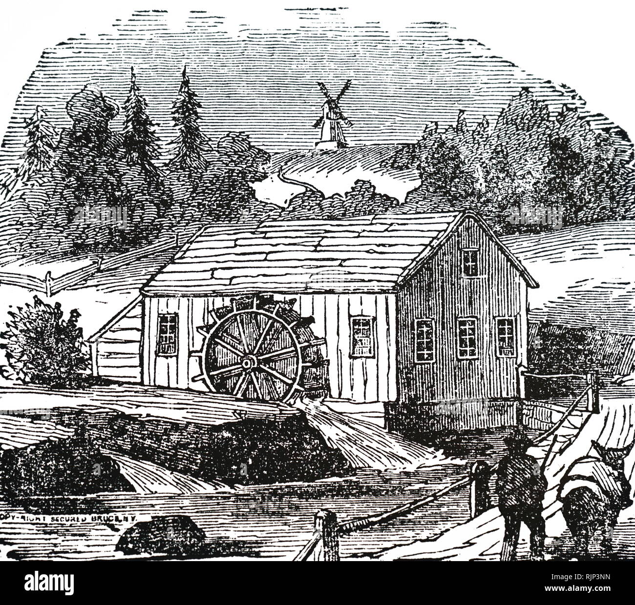 An engraving depicting a rural undershot waterpowered flour mill