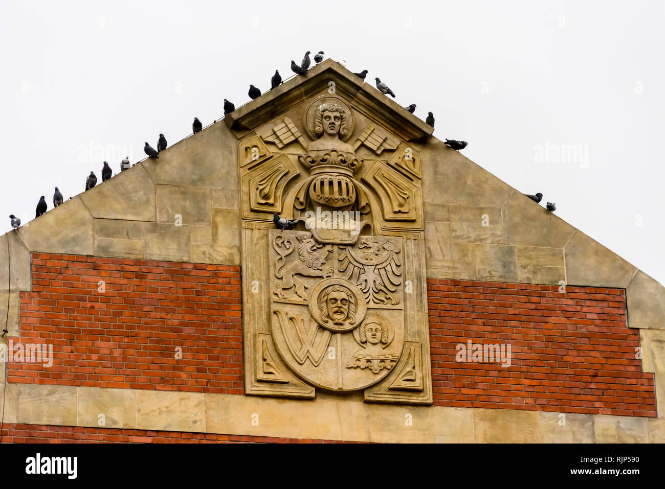Woclaw coat of arms on the roof outside Hala Targowa indoor fruit and vegetable market, Wrocław, Wroclaw, Wroklaw, Poland Stock Photo