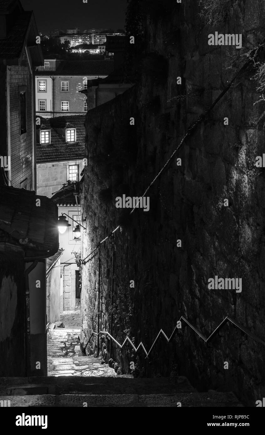 view of porto city in portugal in his old district ribeira in black and white Stock Photo