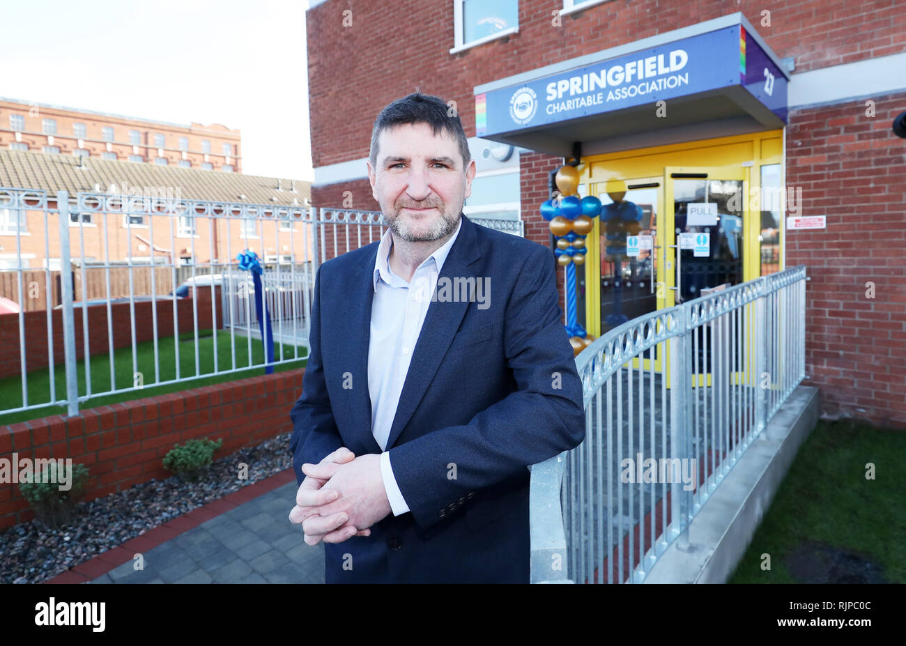 Springfield Charitable Association general manager Terry McNeill at the opening of the Association's Youth club for older people in a once derelict building on Cupar Street, Belfast. Stock Photo