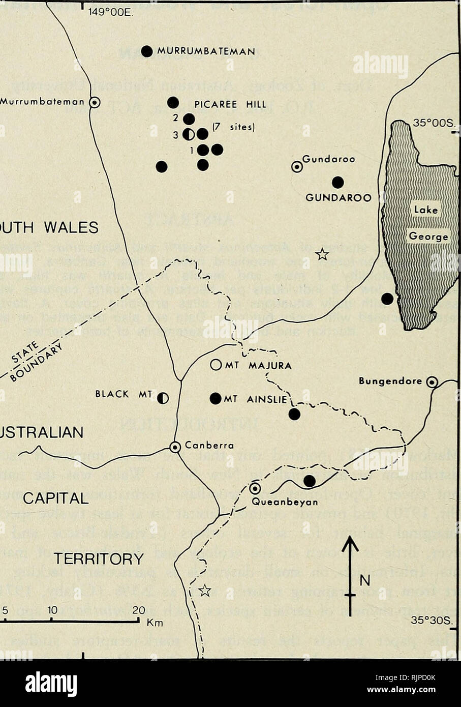 . The Australian zoologist. Zoology; Zoology; Zoology. C. R. DICKMAN MATERIALS AND METHODS Study areas Nineteen different localities within a 45 km radius of Canberra were sampled. These are shown in Fig. 1. 149°00E NEW SOUTH WALES. AUSTRALIAN CONDOR CREEK CAPITAL 35°30S. FIG. 1. Map showing the distribution of localities trapped for Antechinus. Solid circles, A. stuartii captured; open circle, A. flavipes; half-open circle, both species; stars, trapping unsuccessful. Localities mentioned in the text are shown in capital type. 434 Aust. Zool. 20(3), 1980. Please note that these images are extr Stock Photo