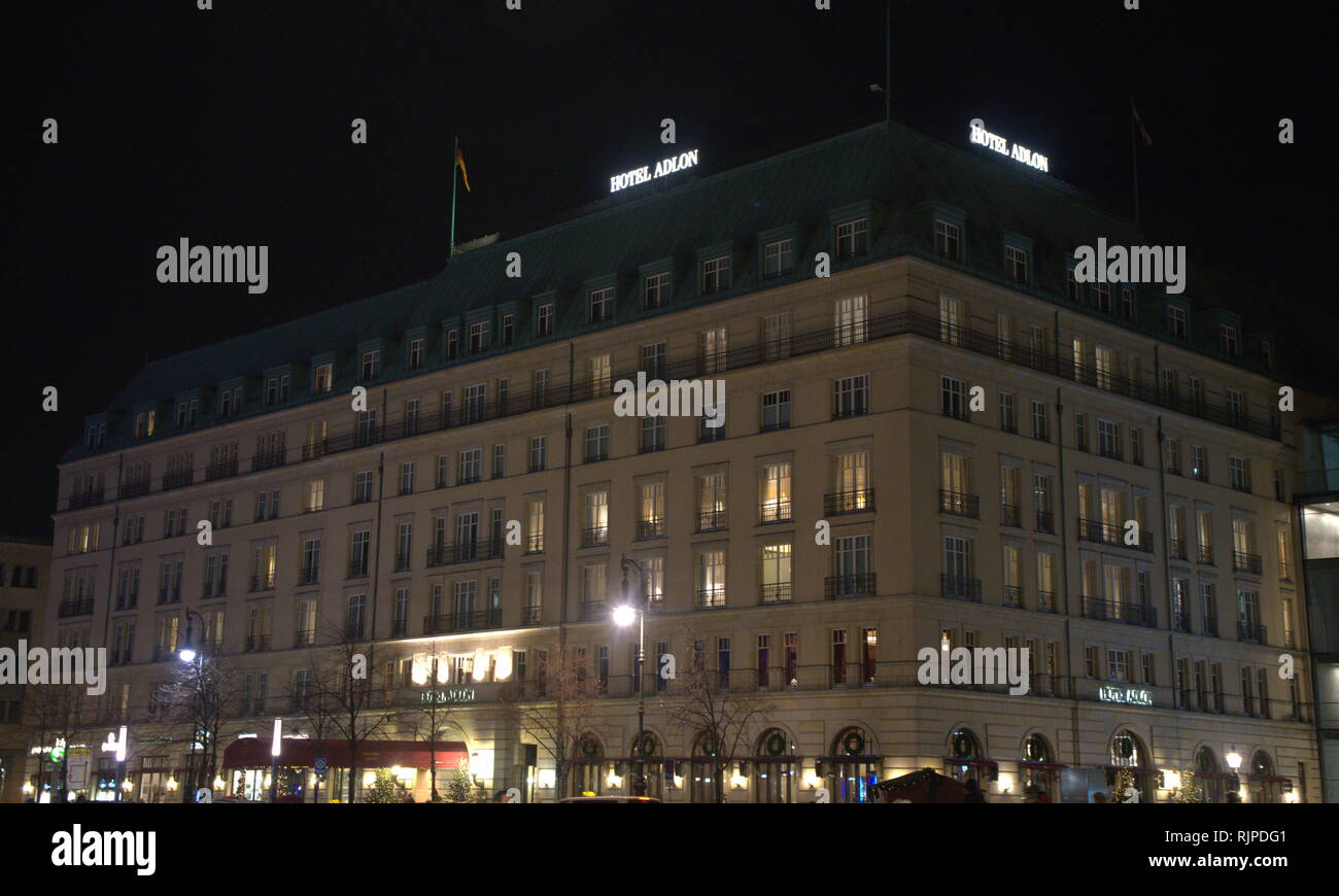 A photograph of the Hotel Adlon Kempinski Berlin is a luxury hotel in Berlin, Germany. The original Hotel Adlon was one of the most famous hotels in Europe until it was largely destroyed in 1945 close to the end of World War Two. Stock Photo