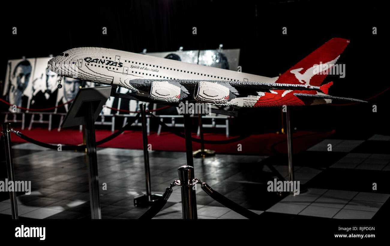 A brick built Lego model of the Qantas Airways Airbus A380 created by Ryan McNaught aka The Brickman Stock Photo Alamy