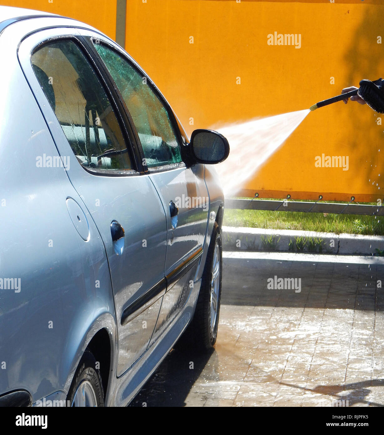 Car Cleaning By High Pressure Jet Washer Stock Photo Alamy