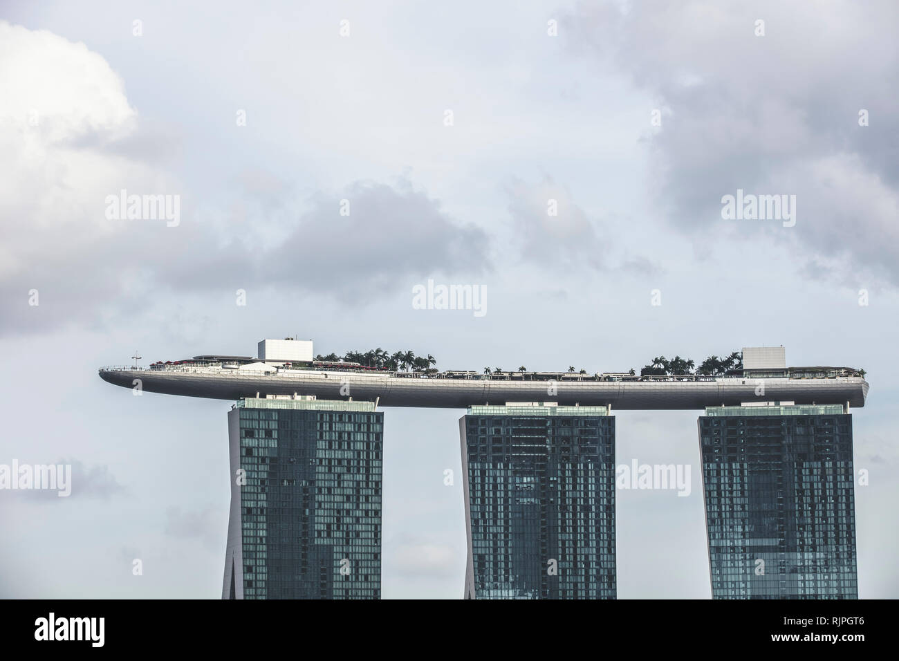 Singapore Marina Bay Sands Hotel and Esplanade theatres on the bay architectural close up details aerial view during clear sky day time Stock Photo
