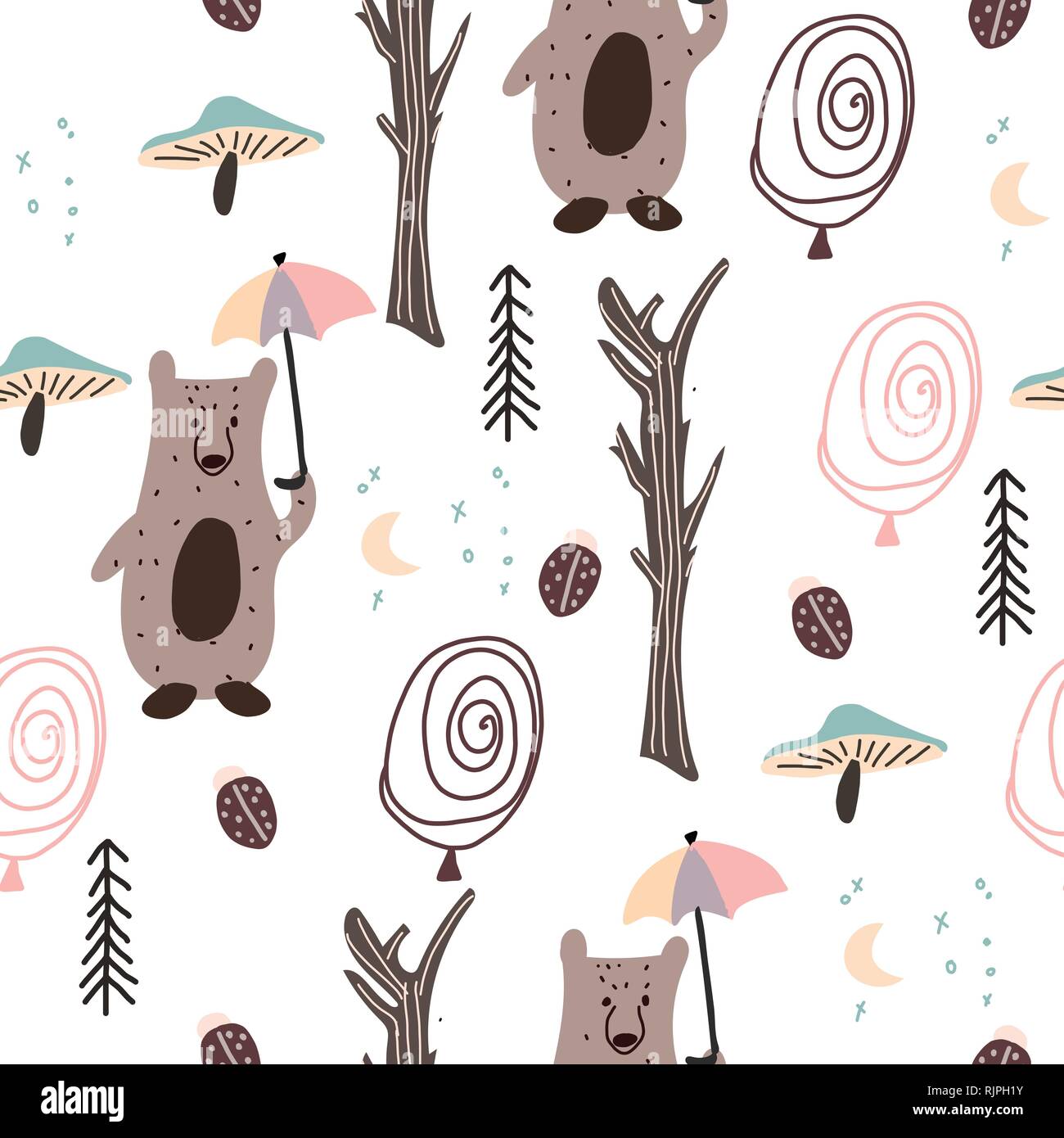 Scandinavian woodland seamless pattern with cute bear and other forest ...