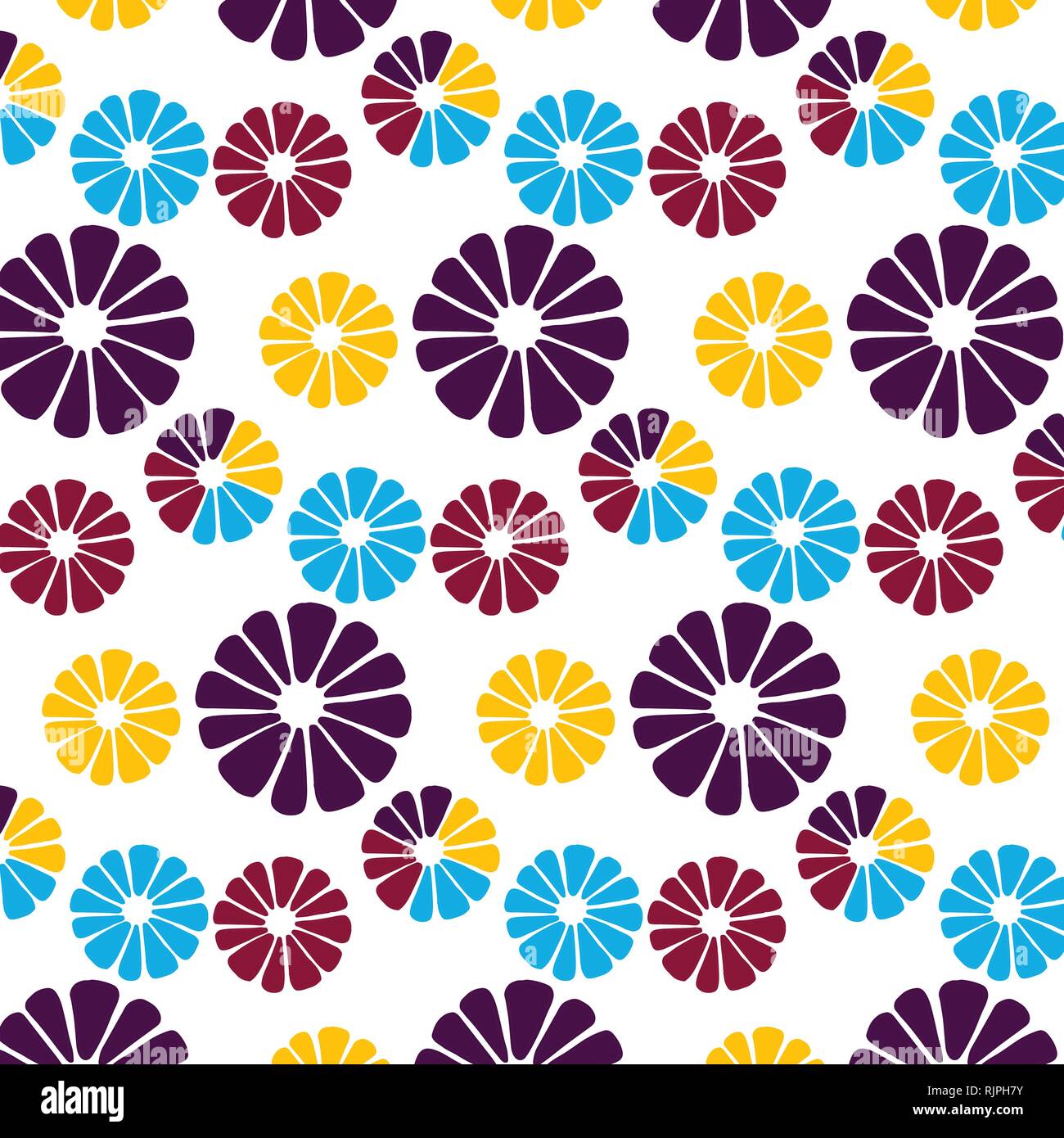 Vector pattern flowers in yellow, blue, orange and red colors palette on a white background Stock Vector