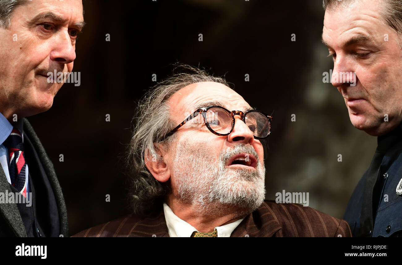 Adrian Lukis, David Suchet and Brendan Coyle during a dress rehearsal of Arthur Miller's The Price ahead of its West Run at the Wyndham's Theatre, central London. Stock Photo