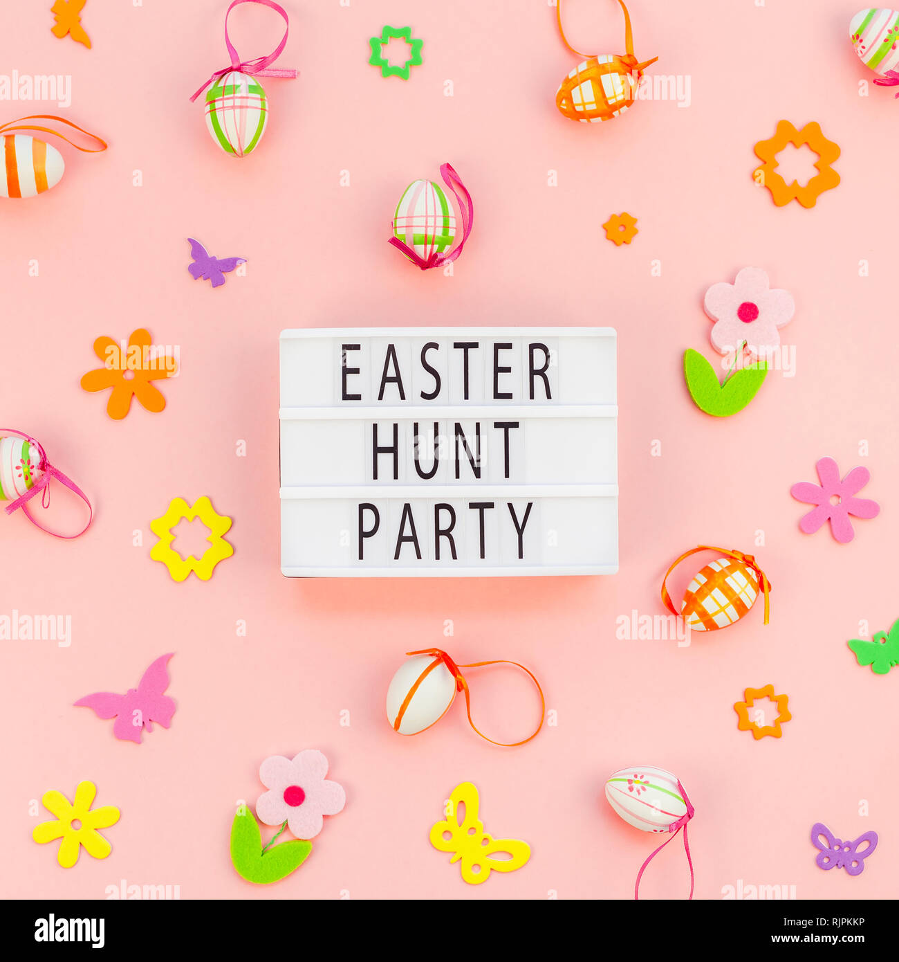Creative Top view flat lay holiday composition Easter hunt party text ...