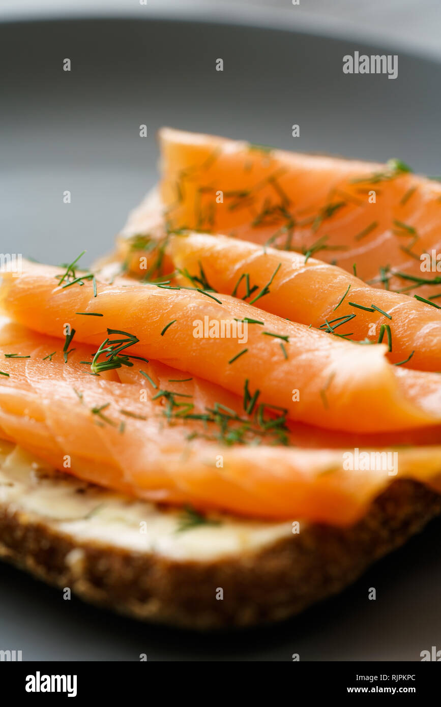 Rye sourdough toasts with butter, smoked salmon and dill. Grey ceramic plate, high resolution Stock Photo