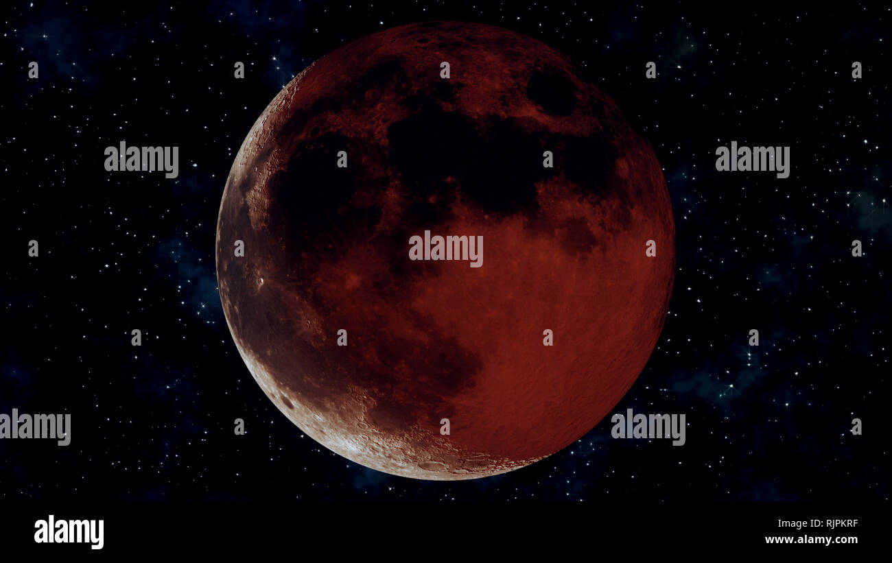 Realistic 3D illustration of full lunar eclipse. Blood moon wax and