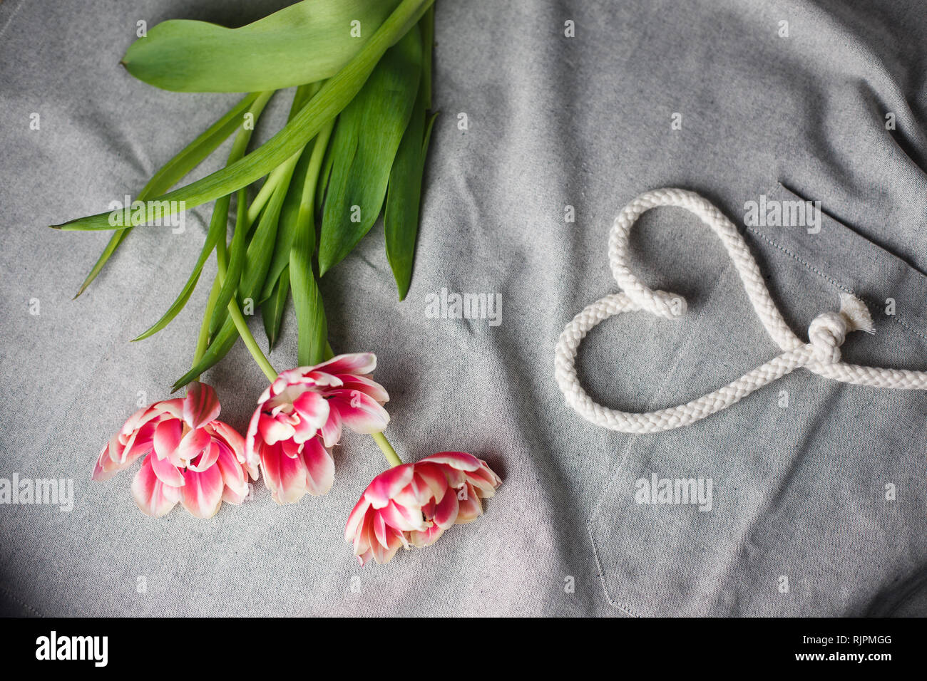 Heart from rope and bouquet of tulips on a gray background with space ...