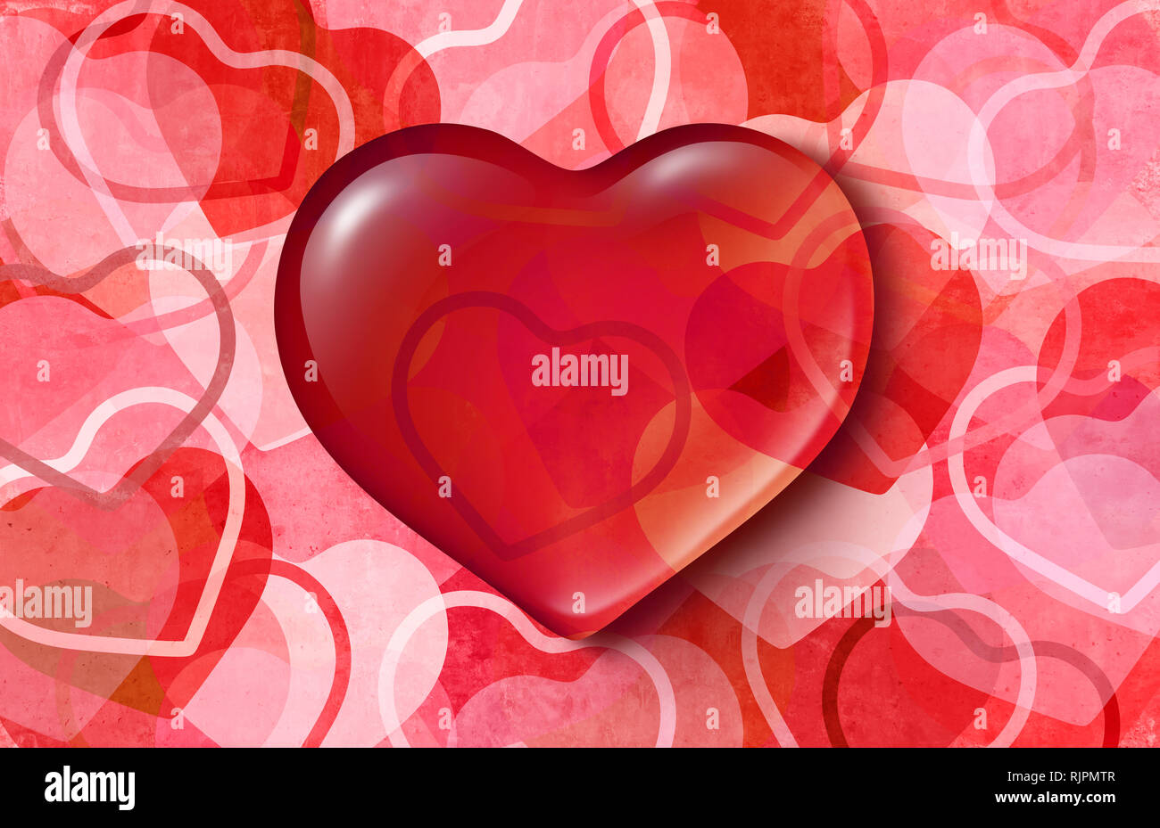 Valentine love heart on an abstract background as a pink and red design representing a romantic holiday pattern with 3D illustration elements. Stock Photo