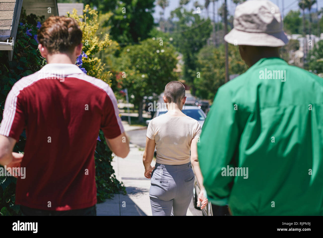 Young adult friends strolling  on suburban sidewalk, rear view, Los Angeles, California, USA Stock Photo