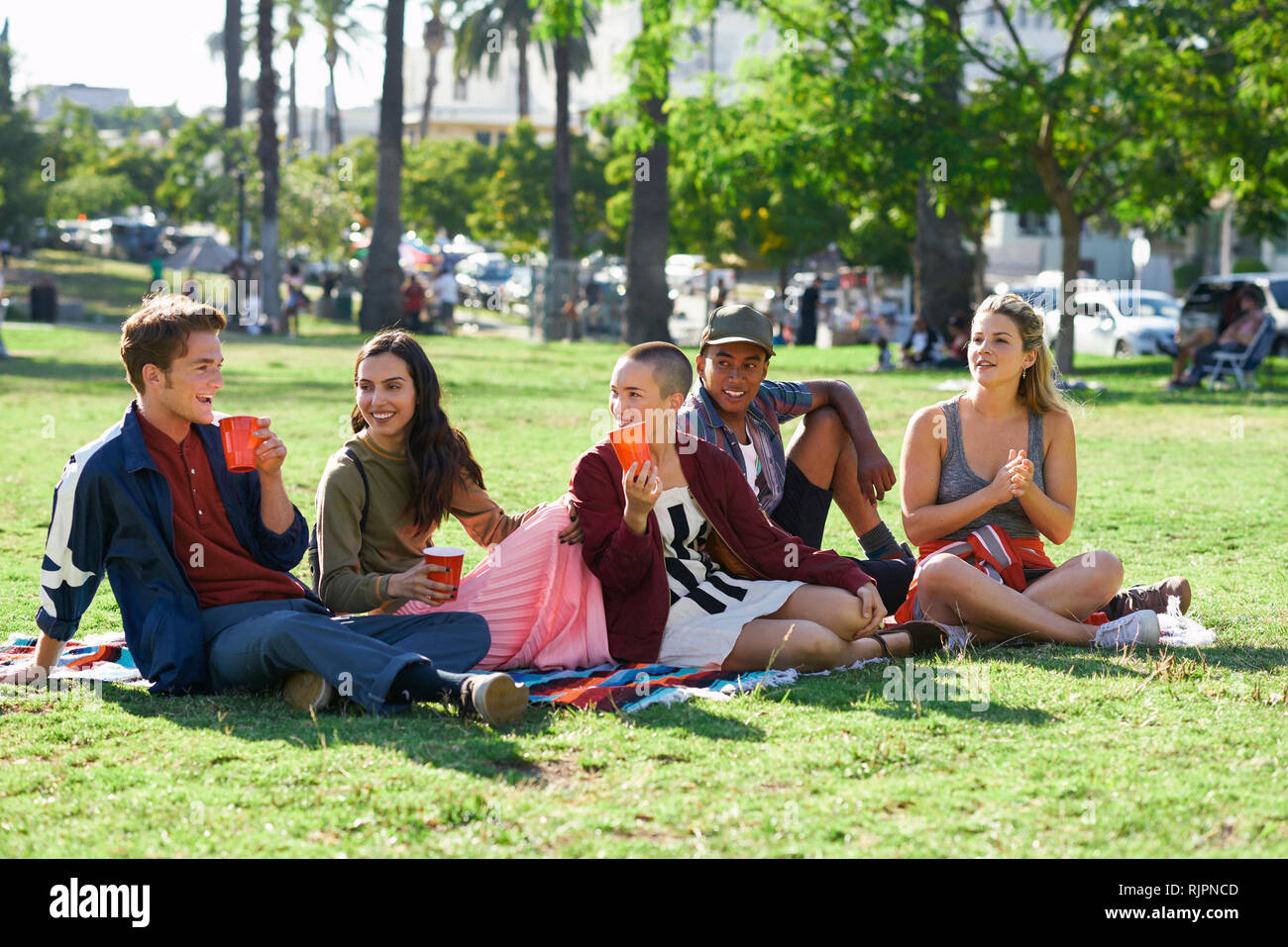 Five young adult friends sitting in park, Los Angeles, California, USA Stock Photo