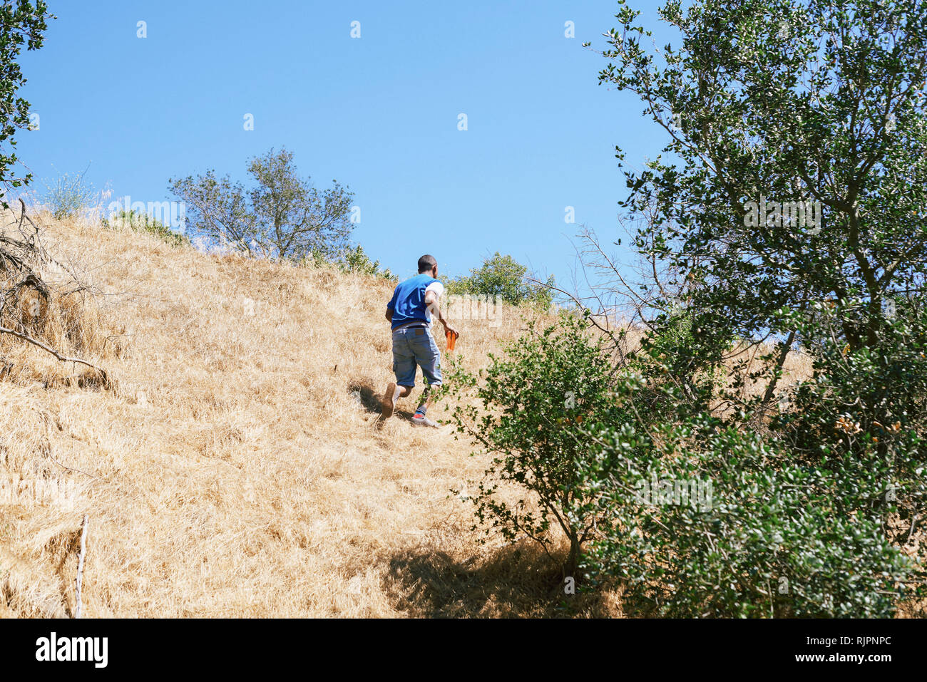 Young man walking up hill in park, Los Angeles, California, USA Stock Photo