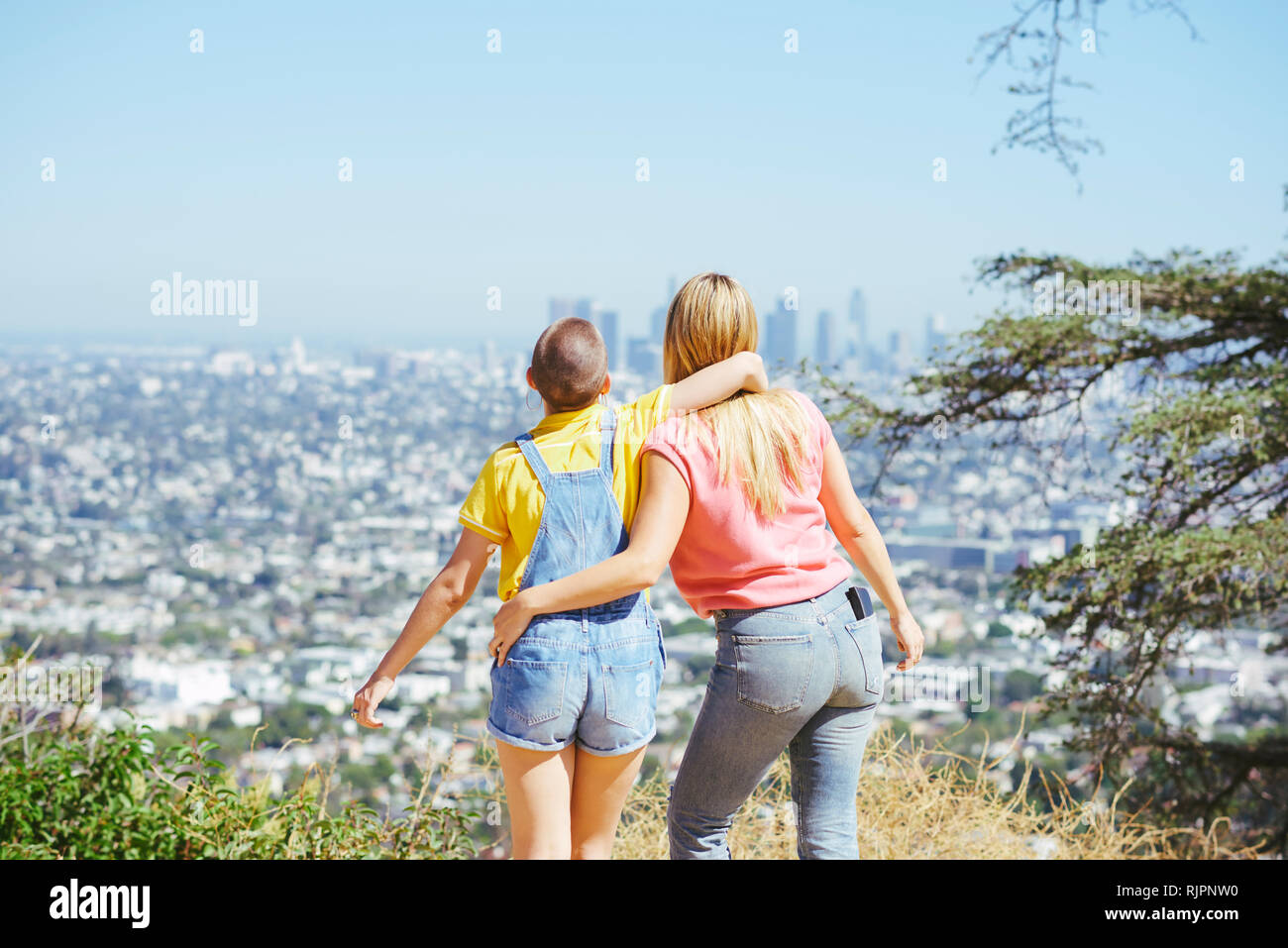 Two young female friends looking at skyline from hilltop, rear view, Los Angeles, California, USA Stock Photo