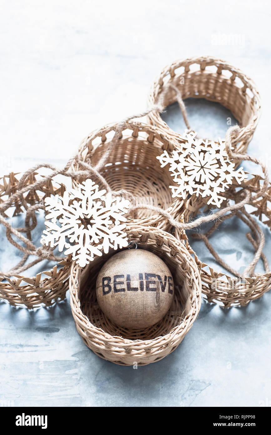 Christmas ornaments and wicker baskets Stock Photo Alamy