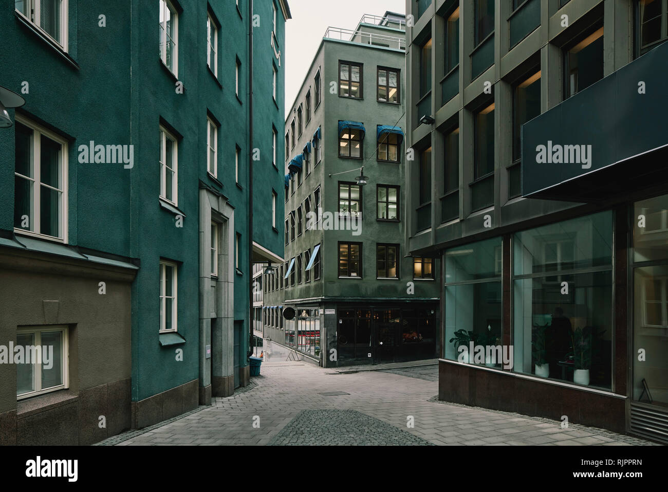 Green apartment buildings and hotel, Stockholm, Sweden Stock Photo