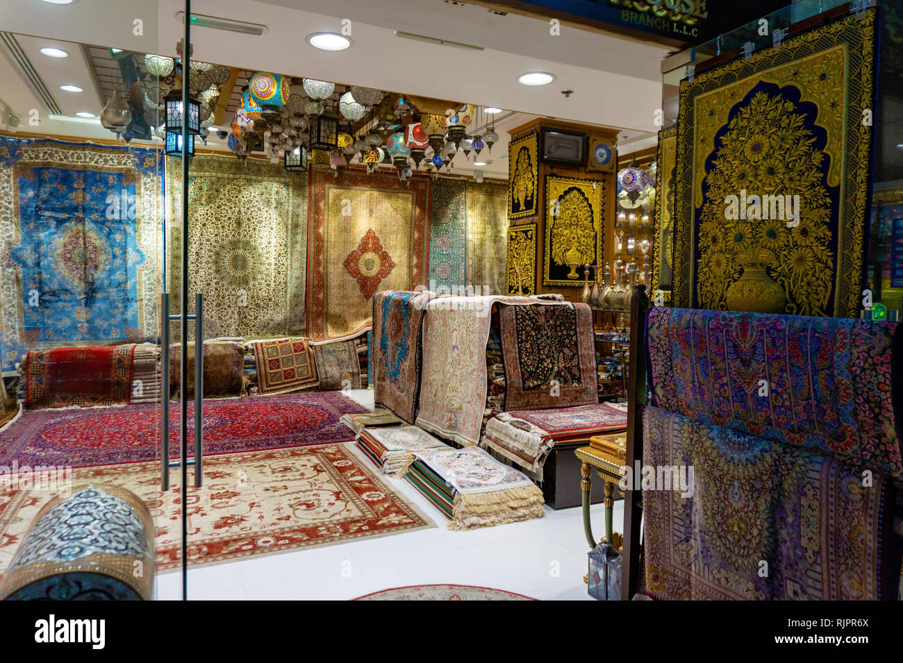 luxorious shop with Traditional Arabic Products in Dubai, expensive arabian carpet store Stock Photo