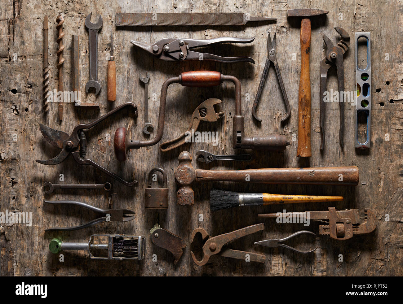 Variety of vintage hand tools on wood, overhead view Stock Photo Alamy