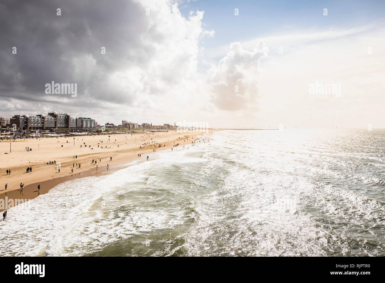View of Scheveningen coast and beach from pier, South Holland, Netherlands Stock Photo