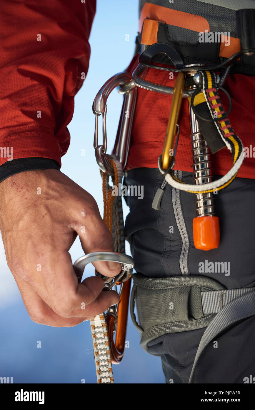 Safety harness worn by mountaineer Stock Photo